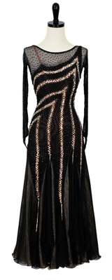 This is a photo of our black ballroom dress, Goldmine. A stunning black and gold dress that is both for Purchase and Rent!
