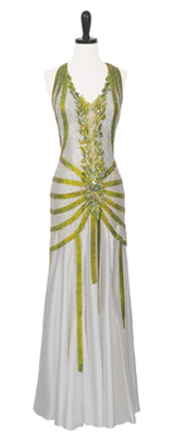 This is a photo of our Designs to Shine Smooth gown, Kentucky Grass. A wonderful white dress with gorgeous green detailing!