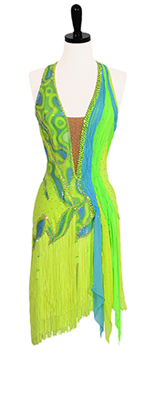 This is a photo of our Rhythm Latin ballroom dress, Palisades Park. Eye-catching neon colors make this dress, complimented by sparkly crystal accents and a fringe skirt!