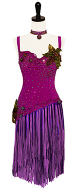 A photo of our Elle Dance Studio dress, Grape Expectations. A Rhythm Latin ballroom dress that is also a rental!