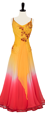A photo of our rental Smooth Standard dress, Cherry Mimosa. An ombré ballroom dress is vivacious yellow and cherry red.
