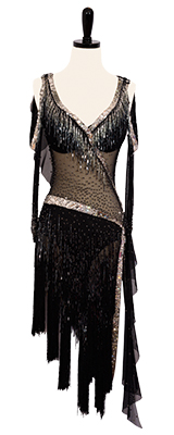 This is a photo of our Rhythm Latin ballroom dress by Anabelle. A sexy black dress with beaded fringe and normal fringe, as well as plenty of sparkling Swarovski crystals!