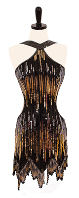 A photo of our Rhythm Latin ballroom dress Skyscraper. A little black dress with black, silver, and gold sequins.