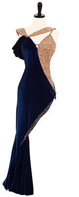 This is a photo of our rhythm latin ballroom dress Slice of Life. A navy blue velvet dress with AB Swarovski stones.