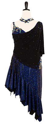 This is a photo of our Alisa Mandel ballroom costume, Cobalt Combustion. A Rhythm Latin dress exploding with beauty!