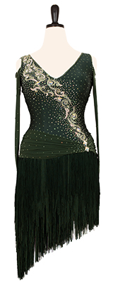 A photo of our green Rhythm Latin dress, Mama Loves Mambo. A flirty fringe ballroom dress!