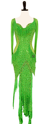 This is a photo of our lime green Rhythm Latin dress, Snap Crackle and Pop!