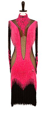 A photo of our dress Swingline, by FB International dancewear. A black, hot pink, and nude Rhythm latin ballroom dress.