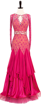 A photo of our dress Donna Inc Smooth Ballroom Dress, Lotus Blossom. A hot pink dress with an elegant floral lace!
