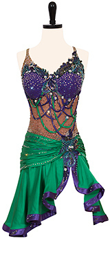 This is a photo of our Rhythm Latin Designs to Shine, Life's a Party. A dress in royal purple, green, and nude with Swarovski crystals and matching accessories!