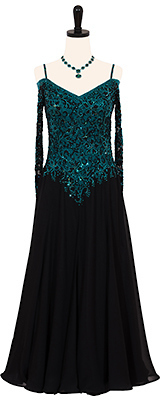 This is a photo of our black rental ballroom gown, Master Class. A gorgeous all black dress with Blue Zircon Swarovski crystals!