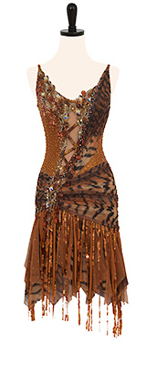 A photo of our animal print Rhythm Latin dress, Cataroon. A tan animal print dress that is also a Rental!