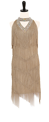 This is a photo of our Rhythm Latin fringe dress, Champagne Cocktails. A fringe-tastic rental ballroom dress!