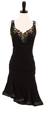This is a photo of our Rhythm Latin ballroom dress, Spider's Web. A luxurious little black dress that is also a ballroom rental!