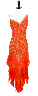 A photo of our orange feather Rhythm Latin ballroom dress by Artistry in Motion.