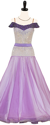 A photo of our Smooth Standard ballroom dress, Jasmine. A beautiful play on purples with Swarovski crystals shining!