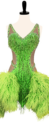 This is a photo of our dress Kiwi Jubilee. A lime green feather Rhythm Latin ballroom dress with Swarovski stones and glass beaded fringe.