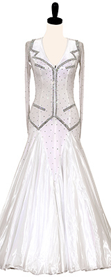This is a photo of our tuxedo ballroom dress, Twirl the Tux. A fabulous white dress with crystal accents!