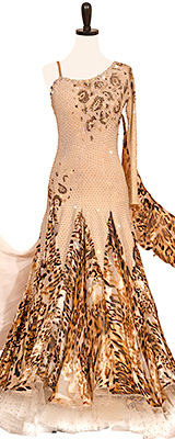 This is a photo of our rental Standard ballroom gown, Bengaled Beauty. A fabulous and flirty leopard print dress.
