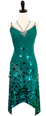 A photo of our Rhythm Latin ballroom dress Dippin Dots. A teal dress covered in Swarovski crystals and sequins!