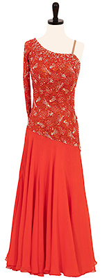 This is a photo of our Smooth Randall Designs ballroom dress, Blazing Sunset. A mesmerizing red-orange reminiscent of a gorgeous sunset!