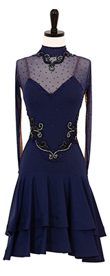 A photo of our Rhythm Latin ballroom dress in navy blue with long sleeves and a full skirt.