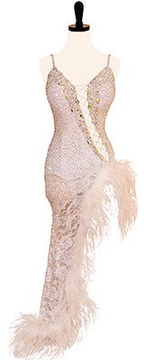 This is a photo of our white feather dress with a tie corset. A rhythm latin ballroom dress by Donna Inc.