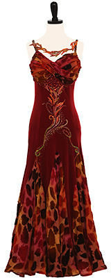This is a picture of our velvet ballroom dress, Autumn Cascade. A dress with leaves that dance as you dance!