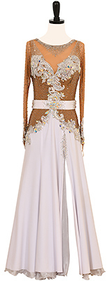 This is a photo of our Smooth ballroom dress, Legacy, A gorgeous dress in wonderful white and champagne nude!