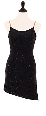 This is a photo of our Rhythm Latin ballroom dress Little Black Dress. The perfect dress to rent for a showcase!