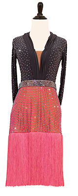 A photo of our Jordy Rhythm Latin dress, Diamond Mine. A dress with so many crystals it even shines through the picture!