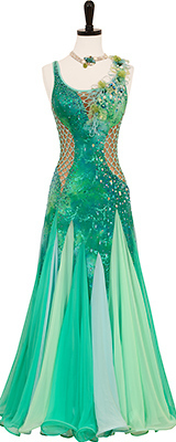 This is a photo of our Alisa Mandel ballroom gown, Sea Maiden. A visually stunning ballroom dress.