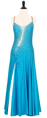 This is a photo of our rental Smooth dress, Turquoise Persuasion. A dreamy turquoise dress that will stand out on the ballroom floor!