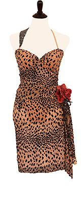 This is a photo of our Rhythm Latin dress Beat of the Drum. A leopard print ballroom dress!