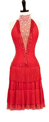 This is a photo of our red fringe Rhythm Latin ballroom dress Gatsby. Made by Tur Couture Dress.