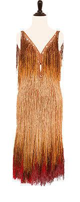 This is a photo of our Rhythm Latin ballroom dress Sandstorm. A beautiful fringe dress made by Dore!