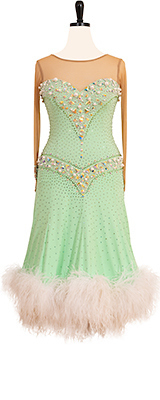 This is a photo of our Dress for Dance ballroom costume, Mint to Dance. A fun and flirty mint green dance that is ready to dance the night away on the ballroom floor!